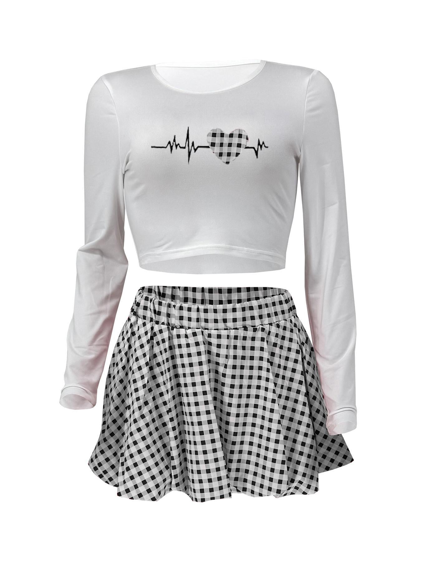 Women Casual Top and Plaid Flower Bud Skirt Two-piece Set 17