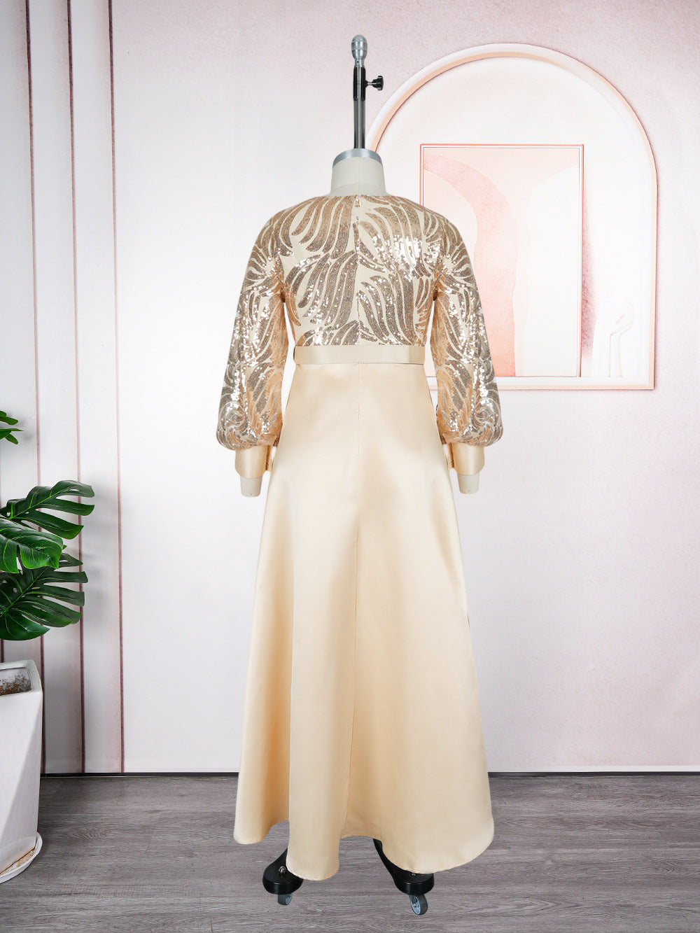 Plus-size African Women sequined lace long-sleeved V-neck elegant maxi dress 14