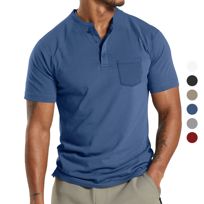 Men's Solid Button Stand Collar Short Sleeve T-shirt 6