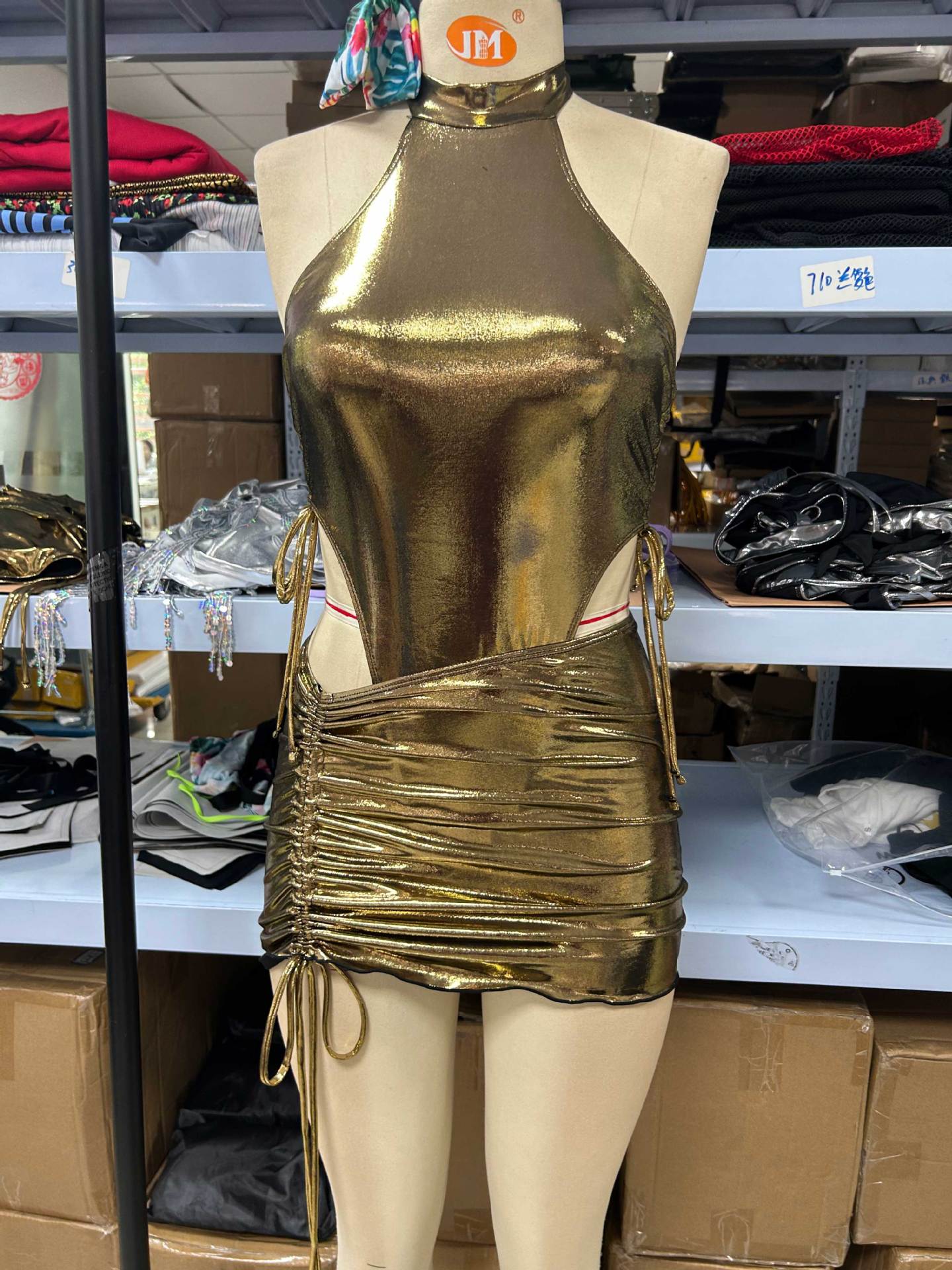 Women's Summer Glossy Sexy One Piece Bodysuit High Waist Drawstring Bodycon Skirt Two Piece Set 7