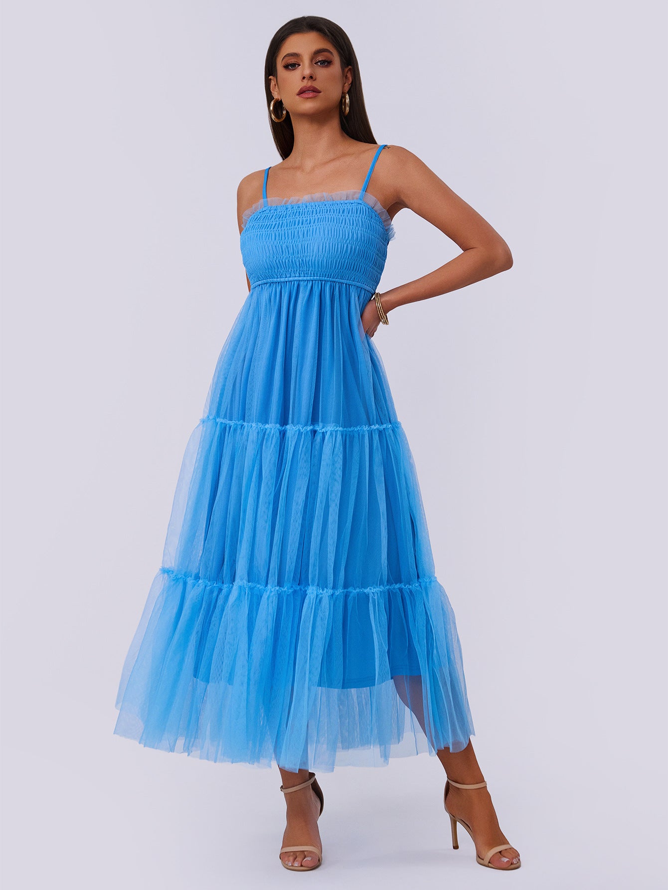 WomenŸ??s Strappy Pleated Mesh Patchwork Puffy Short Sleeve Dress