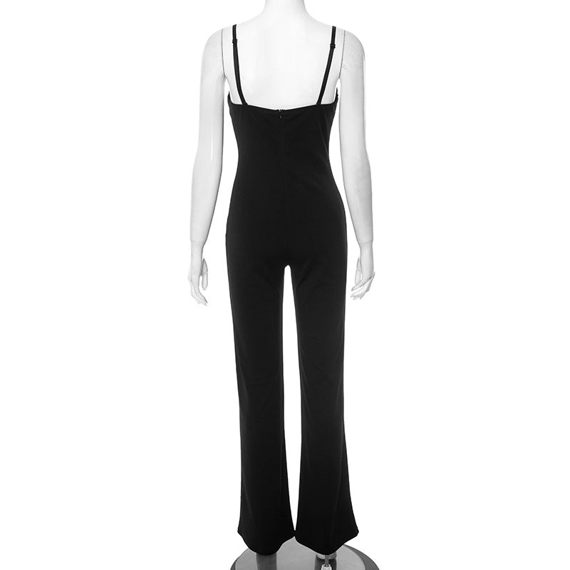Women Spring/Summer Strapless V-Neck Print Zipper Bell Bottom Jumpsuit 10