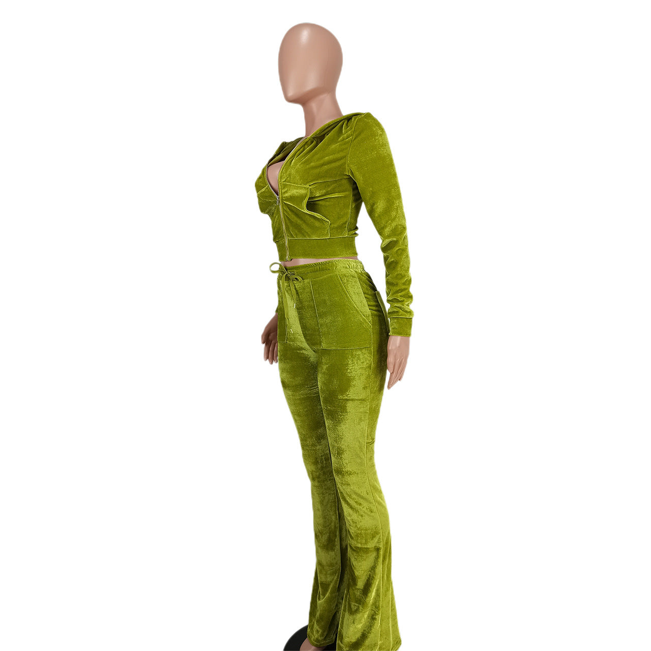 Women's Solid Velvet Casual Zipper Hoodies Wide Leg Pants Two Piece Set 38