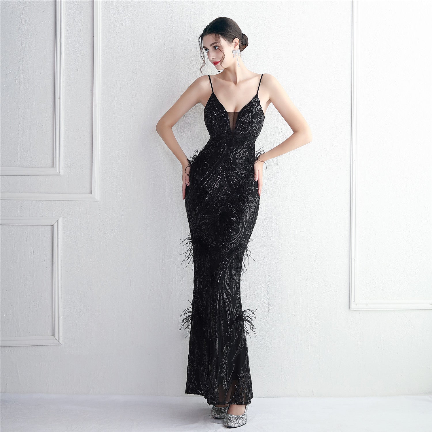 Positioning Flower Beading Wool Dress Long Formal Party Slim Evening Dress 15
