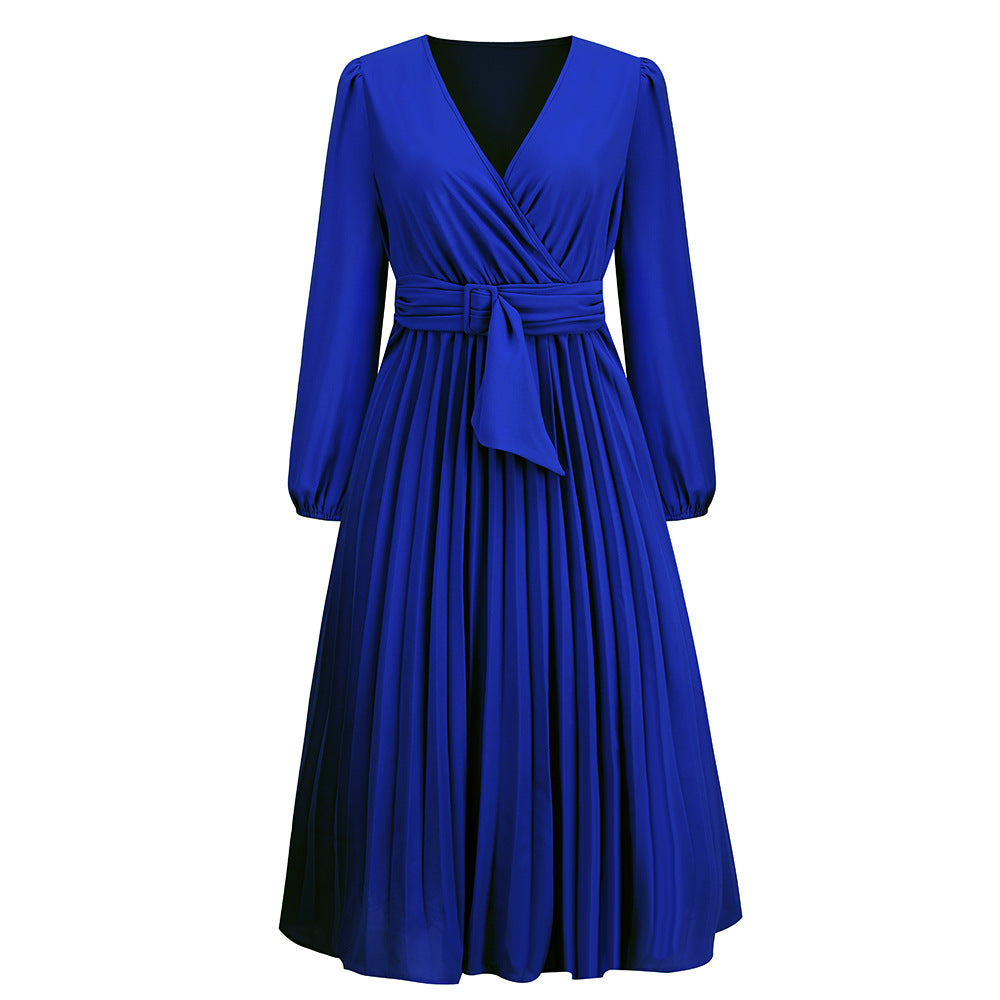 Women Long-Sleeved Pleated Belt V-Neck Dress 14