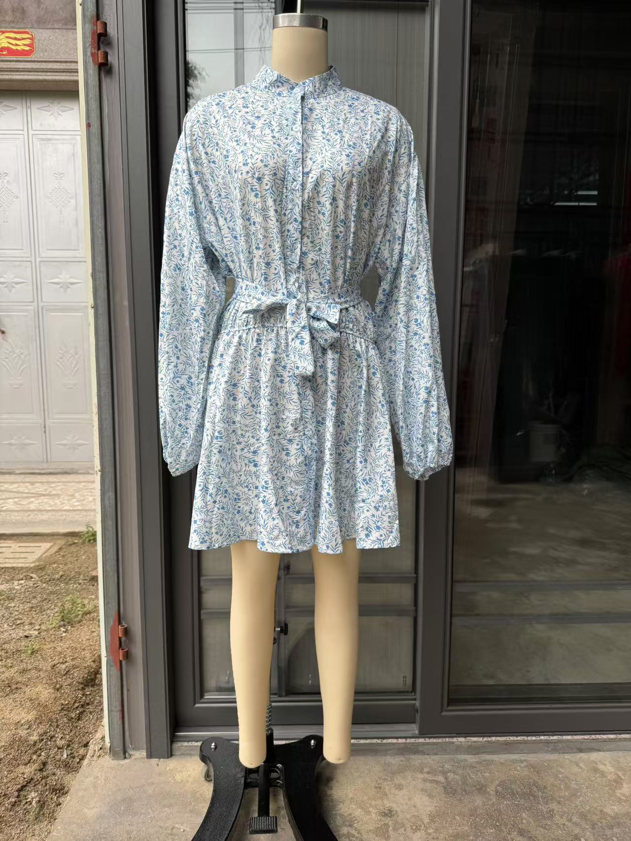 Summer Floral Belt Long Sleeve Casual Mini Dress 7