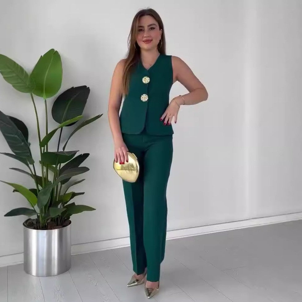 Women Solid V-Neck Sleeveless Vest and wide-leg pants two-piece set 22