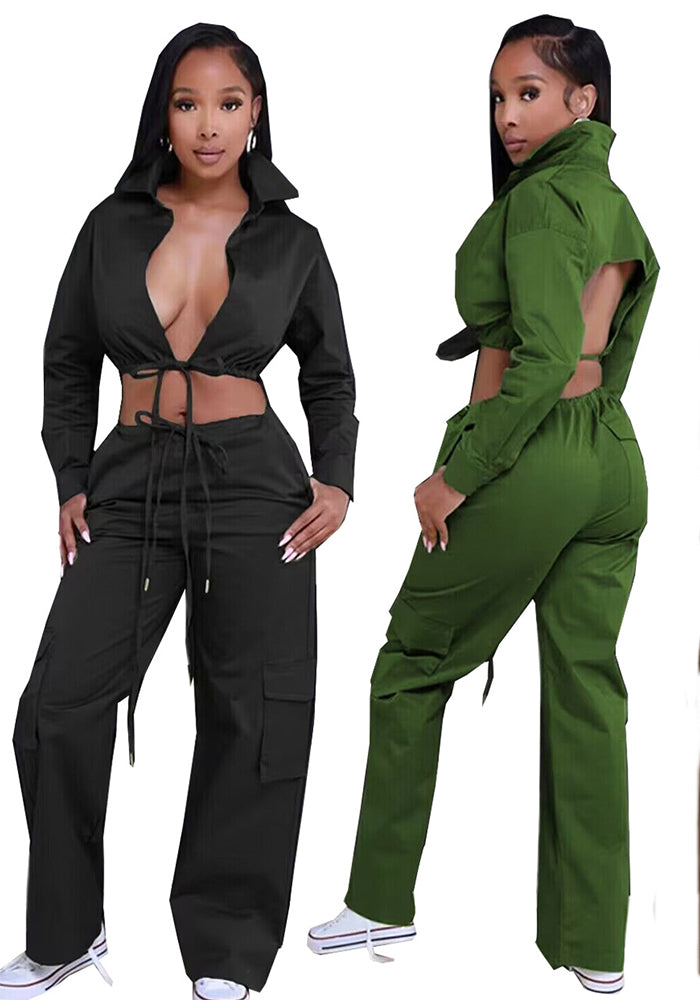 WomenCasual Backless Lace-Up Long Sleeve Top and Pocket Pants Two-Piece Set