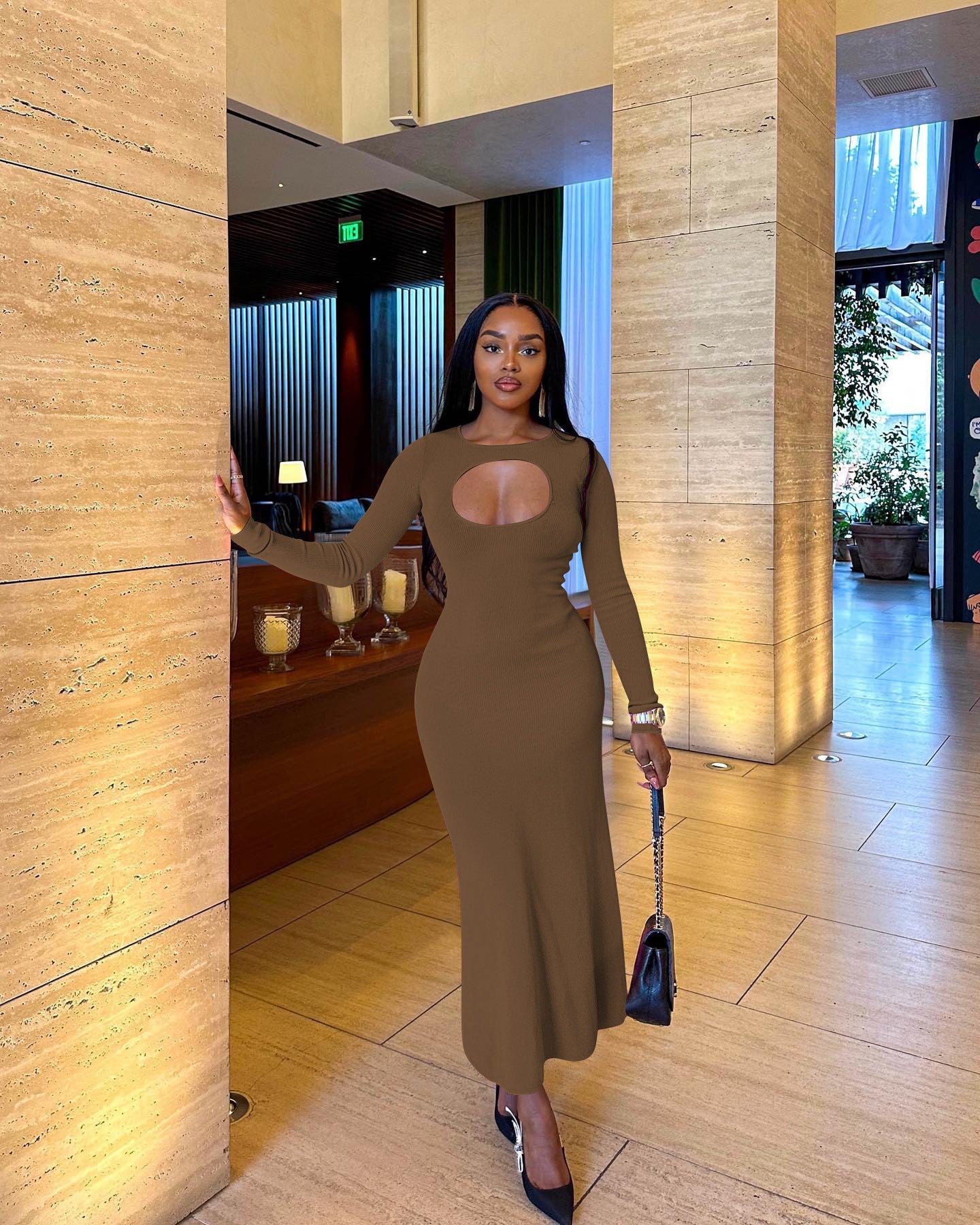 Women's Clothing Sexy Fashion Keyhole Solid Long Sleeve Dress Women's Clothing 5