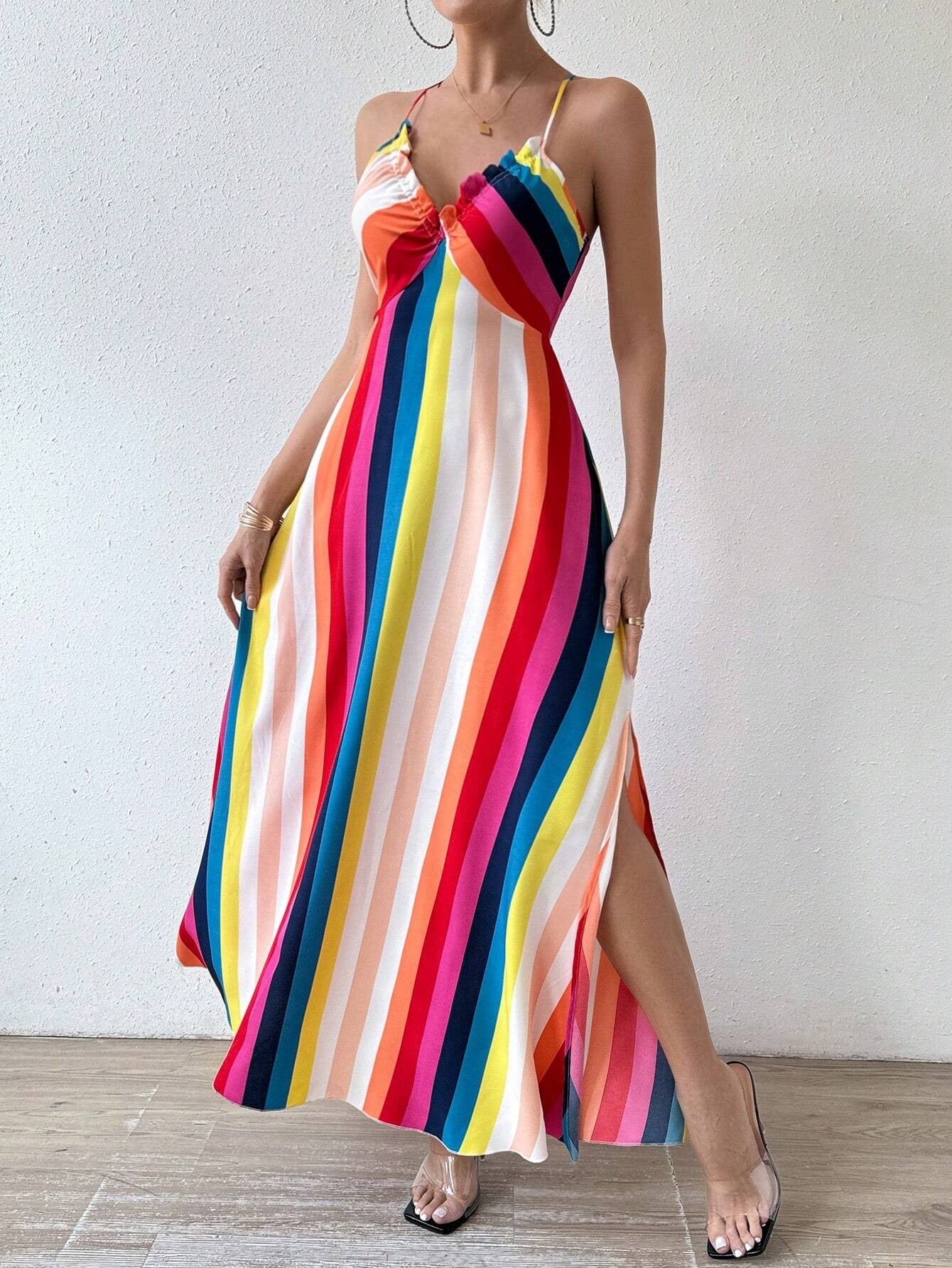 Women Backless Rainbow Suspender Print Dress