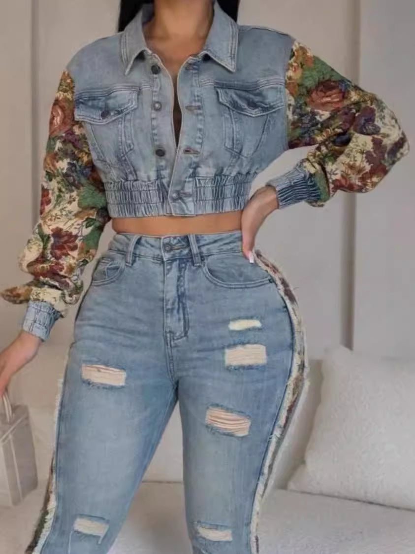 Women Fall Retro Patchwork Camouflage Print Top and Denim Pants Two Piece Set 5