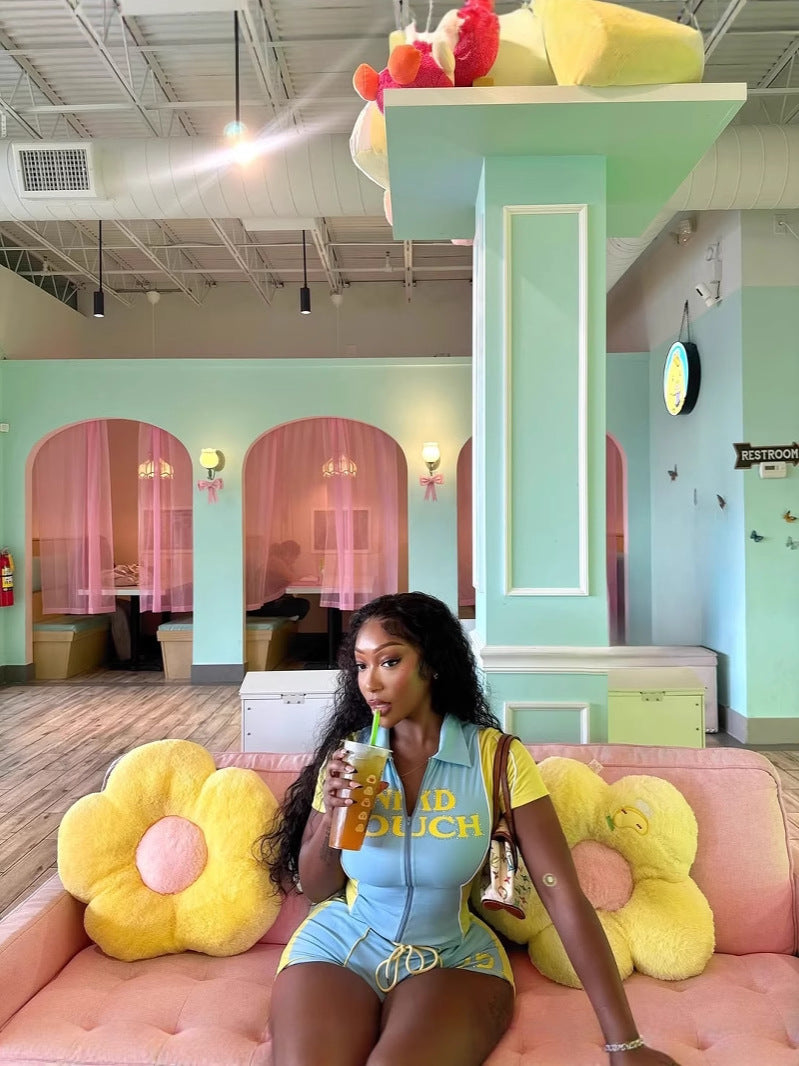 Women Summer Contrast Color Patchwork Letter Print Zipper Top and Shorts Two-Piece Set 3