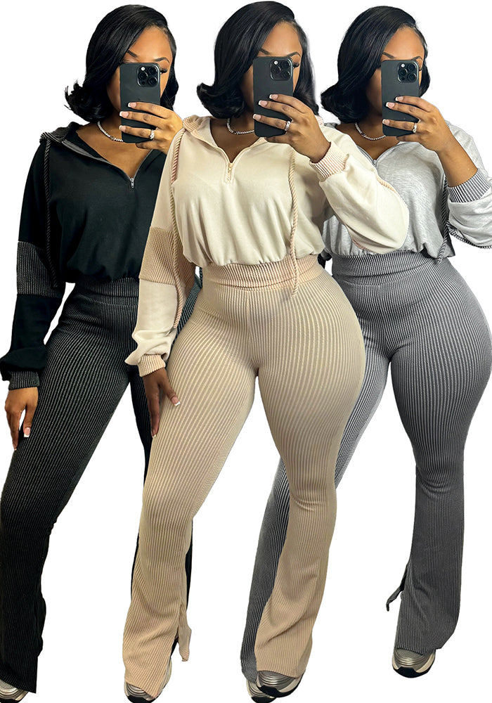 Twist Strip Hoodie Bell Bottom Pants Patchwork Two Piece Set