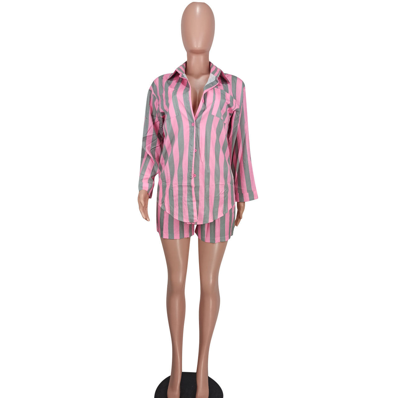 Women Casual striped shirt and Lace-Up shorts two-piece set 11