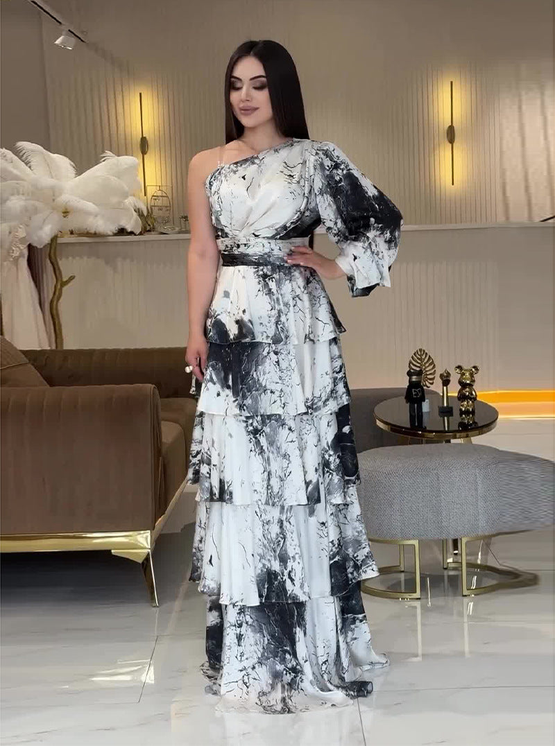 Summer U-Neck Printed Long-Sleeved Bell Bottom Sleeve Fashionable Slim Women's Dress