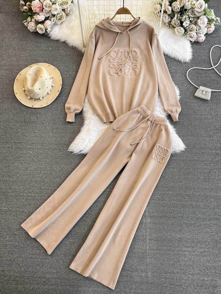 Trendy Women's Oversized Knit Hoodie High-Waisted Wide-Leg Pants Set