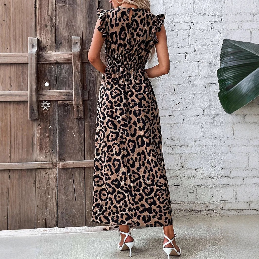 Women Pleated Leopard Round Neck Short Sleeve Dress