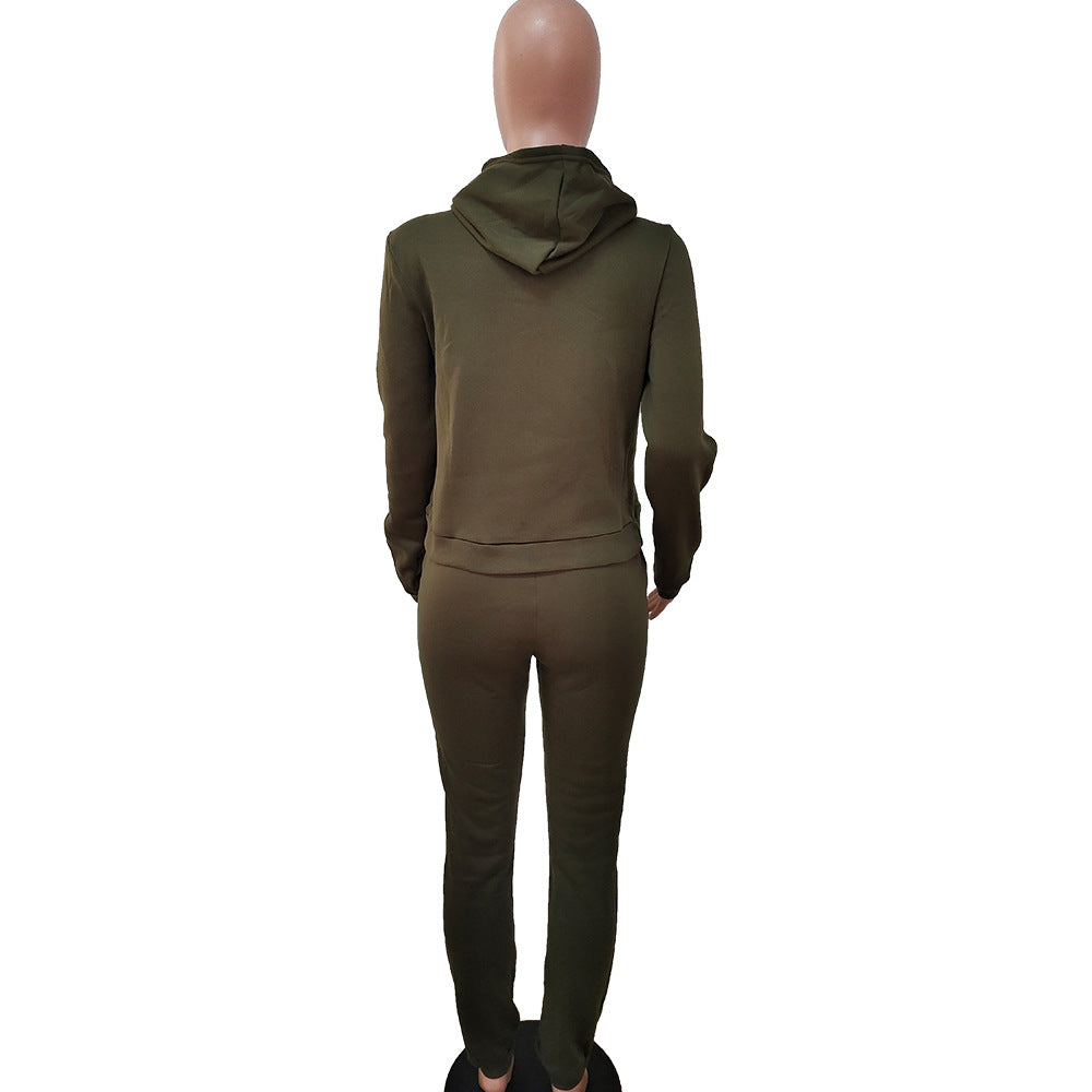 Women Fall/Winter Solid Hoodies and Pant Sport Two-Piece Set 36