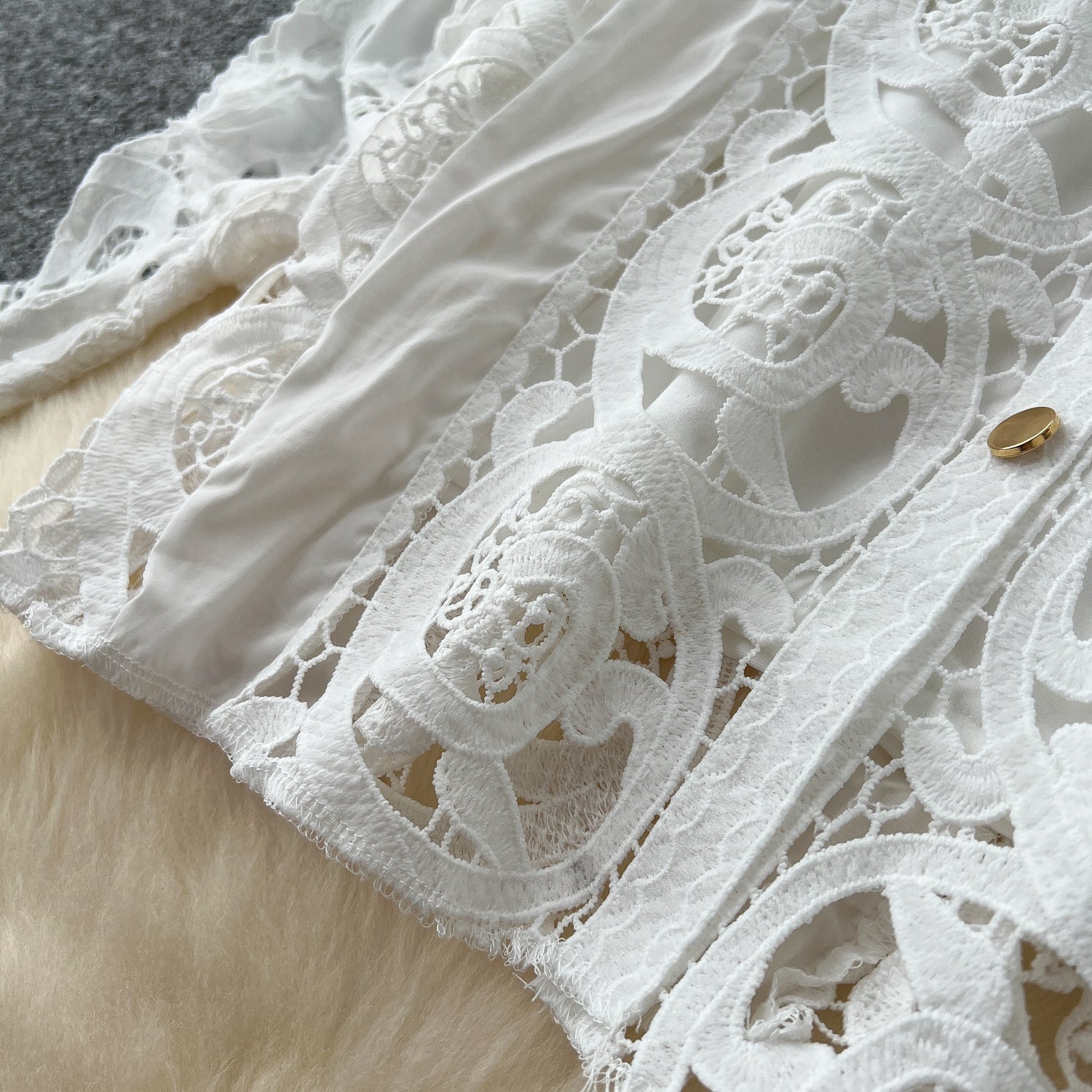 Autumn Lace Sheer Embroidered Blouse High Waist Midi Skirt Set 16