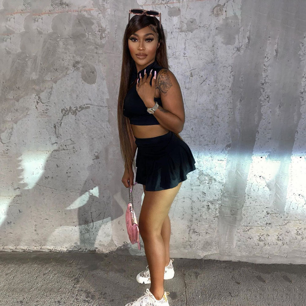 Solid Vest Pleated Skirt Sexy Casual Set 14