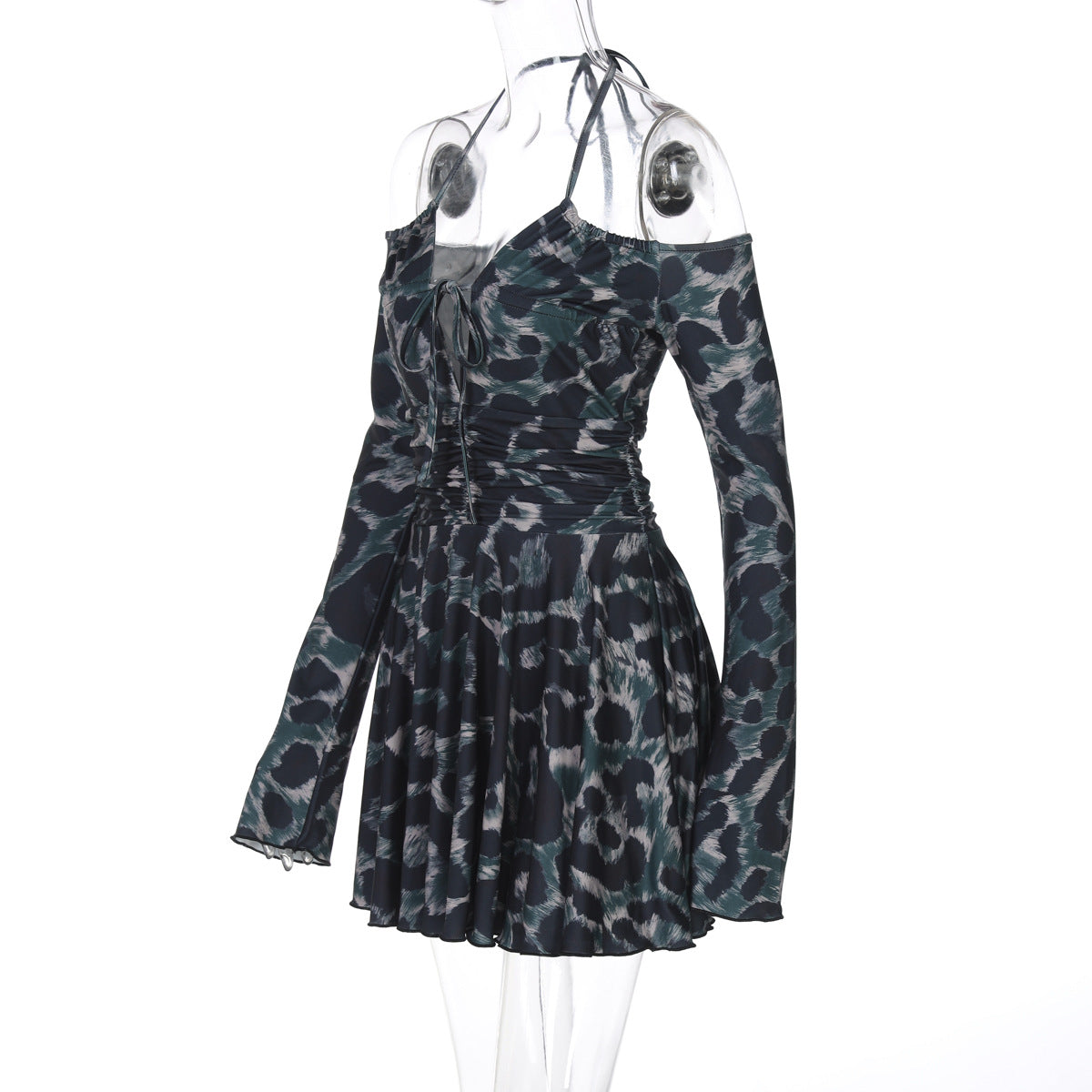 Women Winter Printed Long Sleeve Sexy Tie Halter Neck Pleated Dress 7