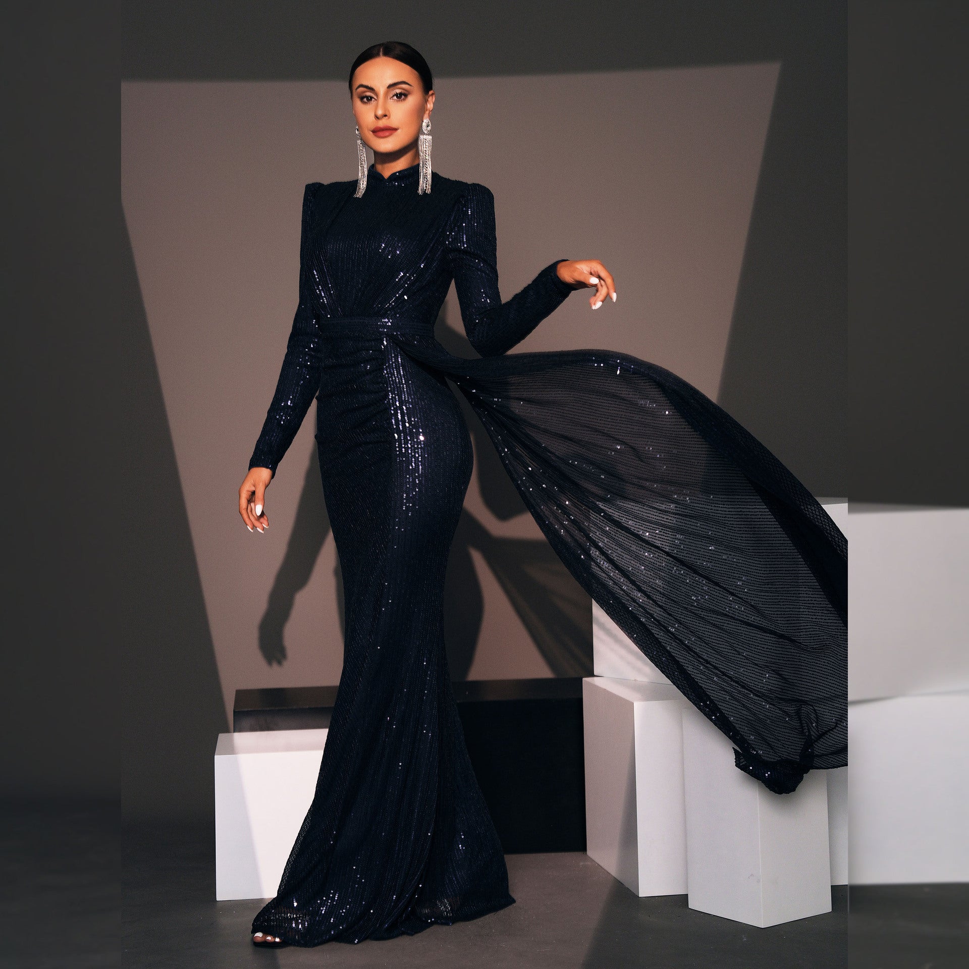 Women Long Sleeve Round Neck Sexy Sequin Formal Party Evening Dress 5