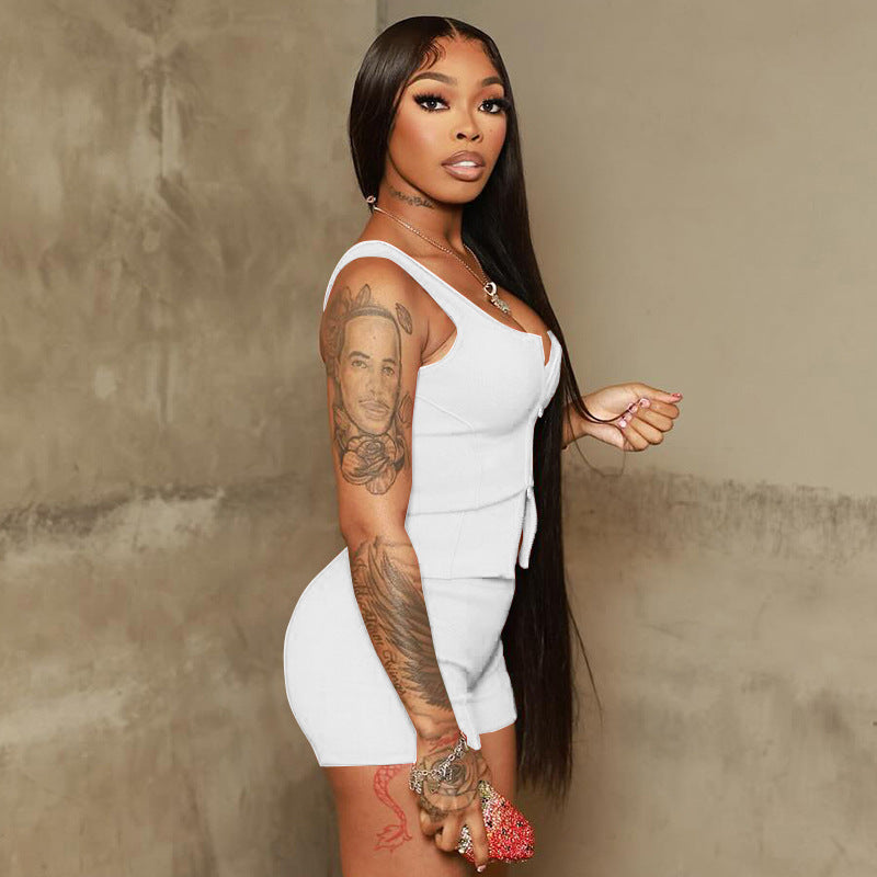 Women Summer Sexy Sport Sleeveless Zippered Tank Top with Shorts, Two-Piece Set 5