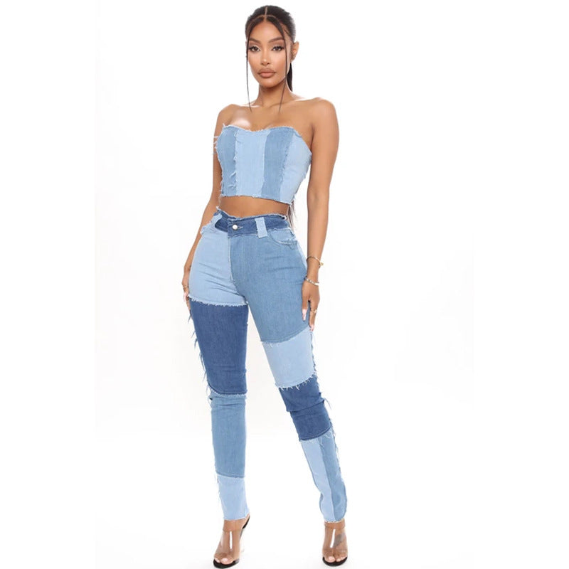 Women Fall Stretch Washed High Waist Vintage Tassel Denim Pants 4