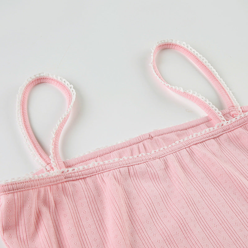 Summer Home Set Lace Bow Straps Top & Shorts Pajamas Casual Two-Piece Set 12