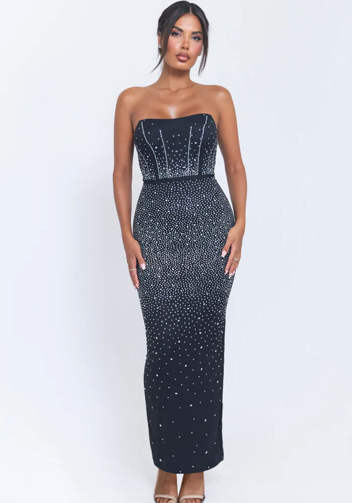 Sexy Beaded Strapless Elastic Back Slit Slim Long Dress