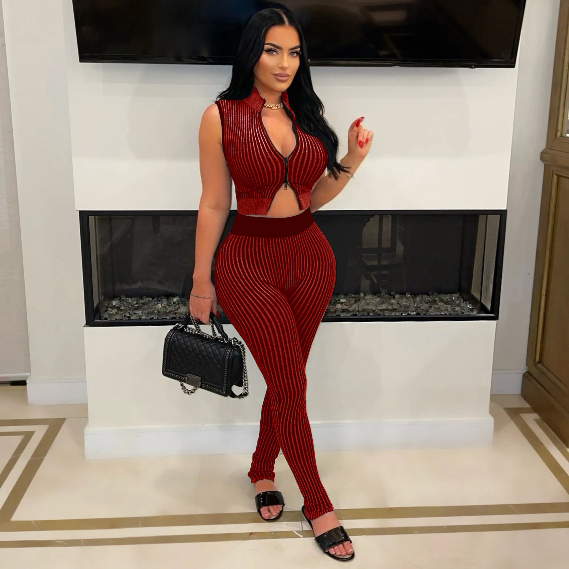 Women's Casual Sexy Knitting sleeveless Crop top High Waist Pants Two-piece Set 5