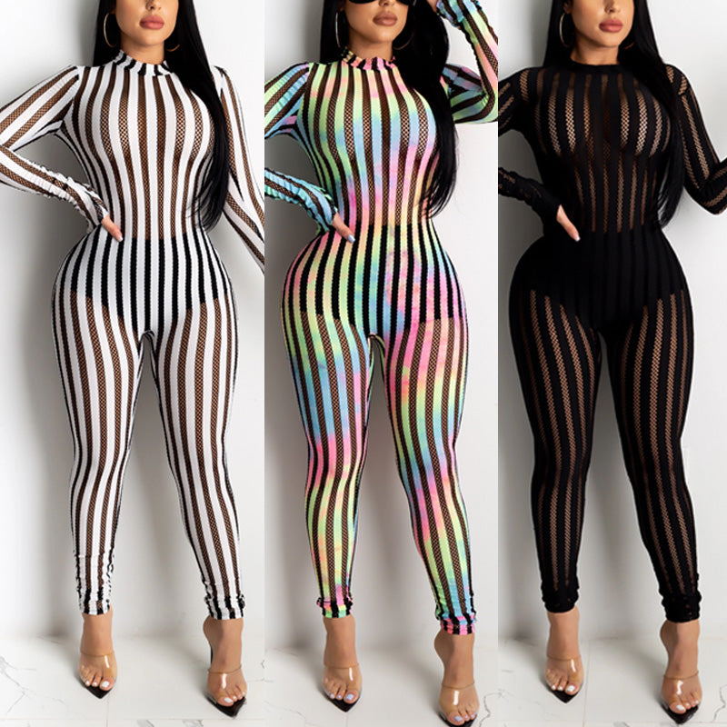Striped Mesh Patchwork Casual Sexy Stretch Jumpsuit 23