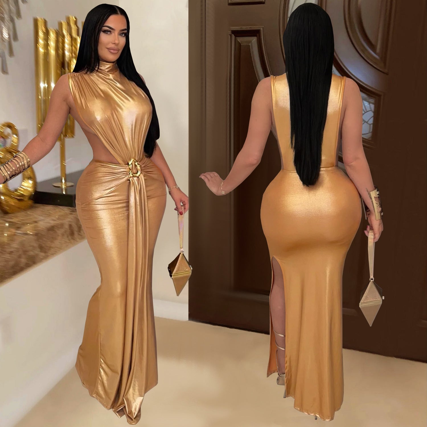 Women Sexy Elegant High-Neck Slit Dress 4