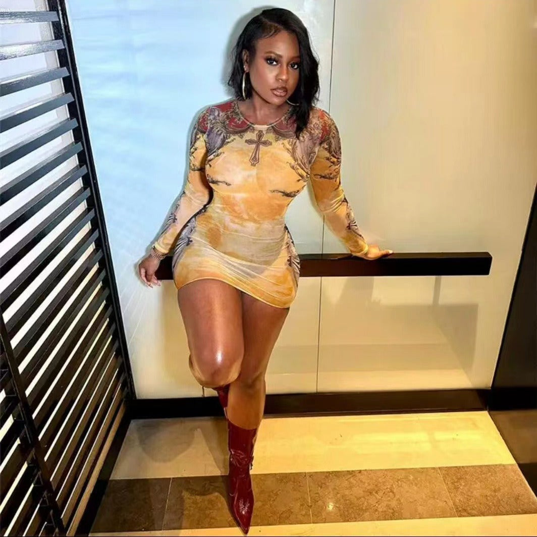 Women's Mesh Printing Round Neck Short Fashion Sexy Dress 5