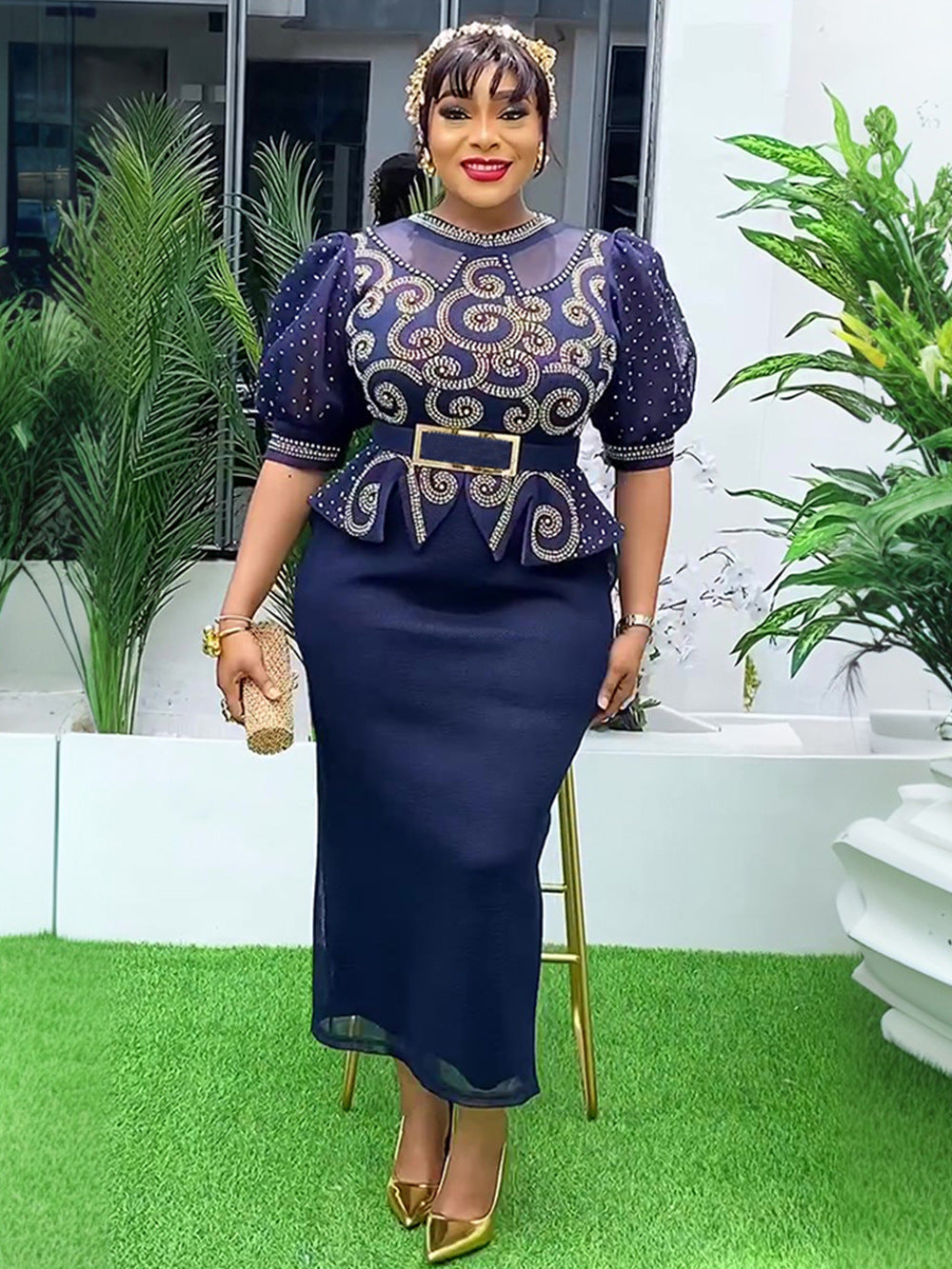 Plus Size African Women Beaded Puff Sleeve Bodycon Dress 7