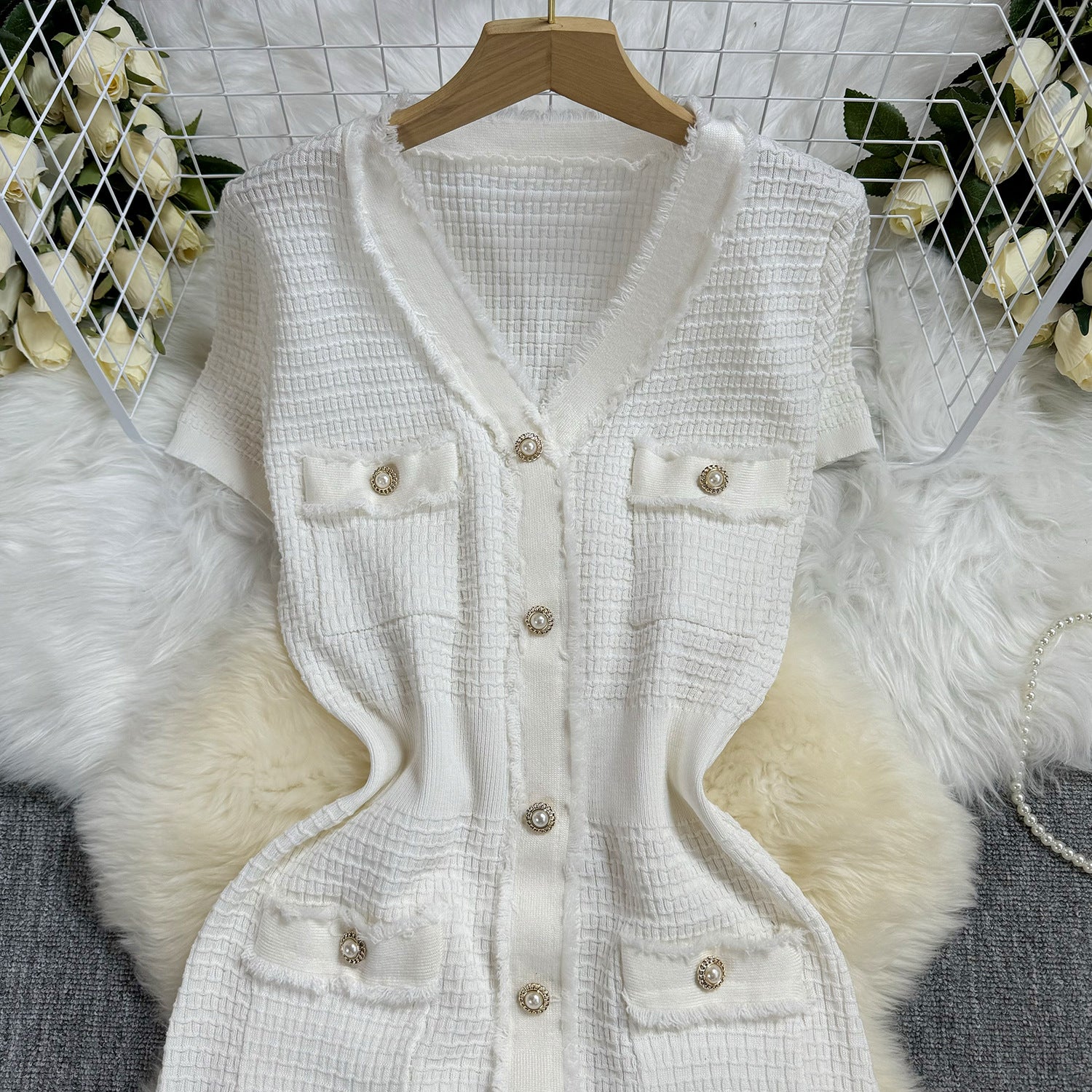 Summer Women's Buttoned Short-Sleeved V-Neck Slim Waist Slim Knitting Dress 8