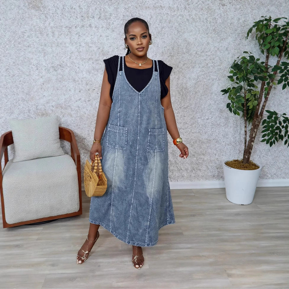 Women Retro Denim Strap Dress 4