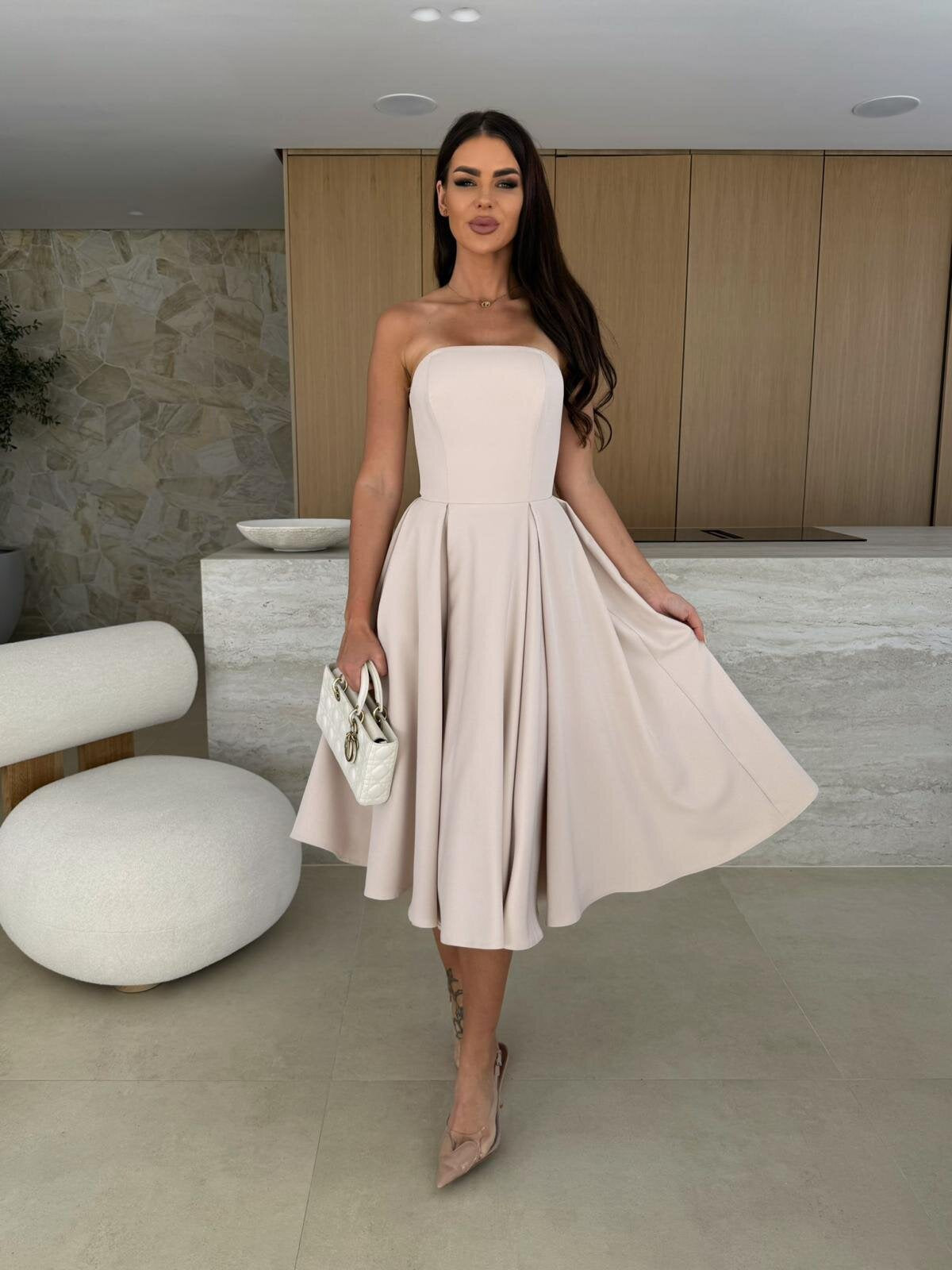 Summer Solid Chic Strapless A-line Midi Dress 4