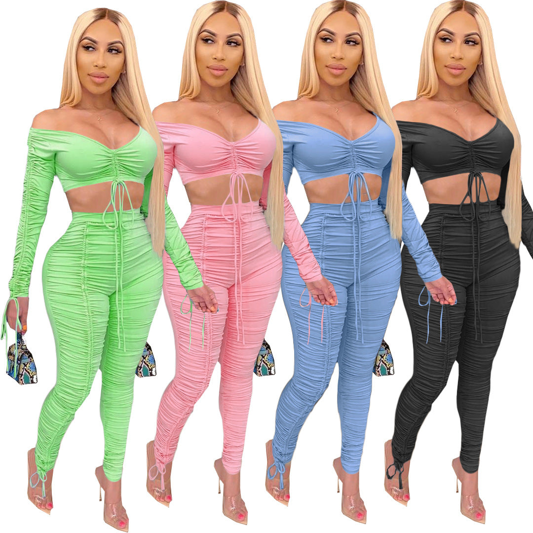 Sexy Women's Fashion Ruched Off Shoulder Solid Sexy Casual Two Piece Pants Set 9