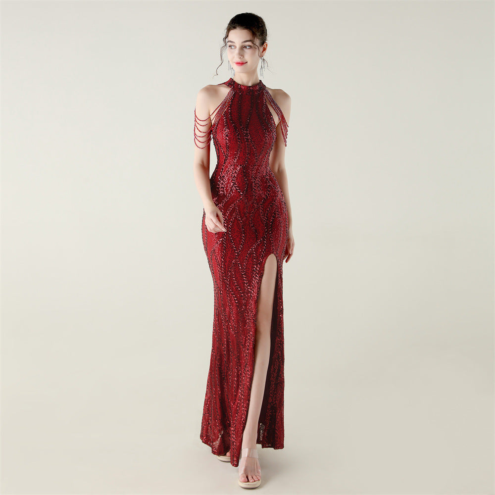 Sequin Beaded Off-Shoulder Halter Fishtail Evening Dress 18