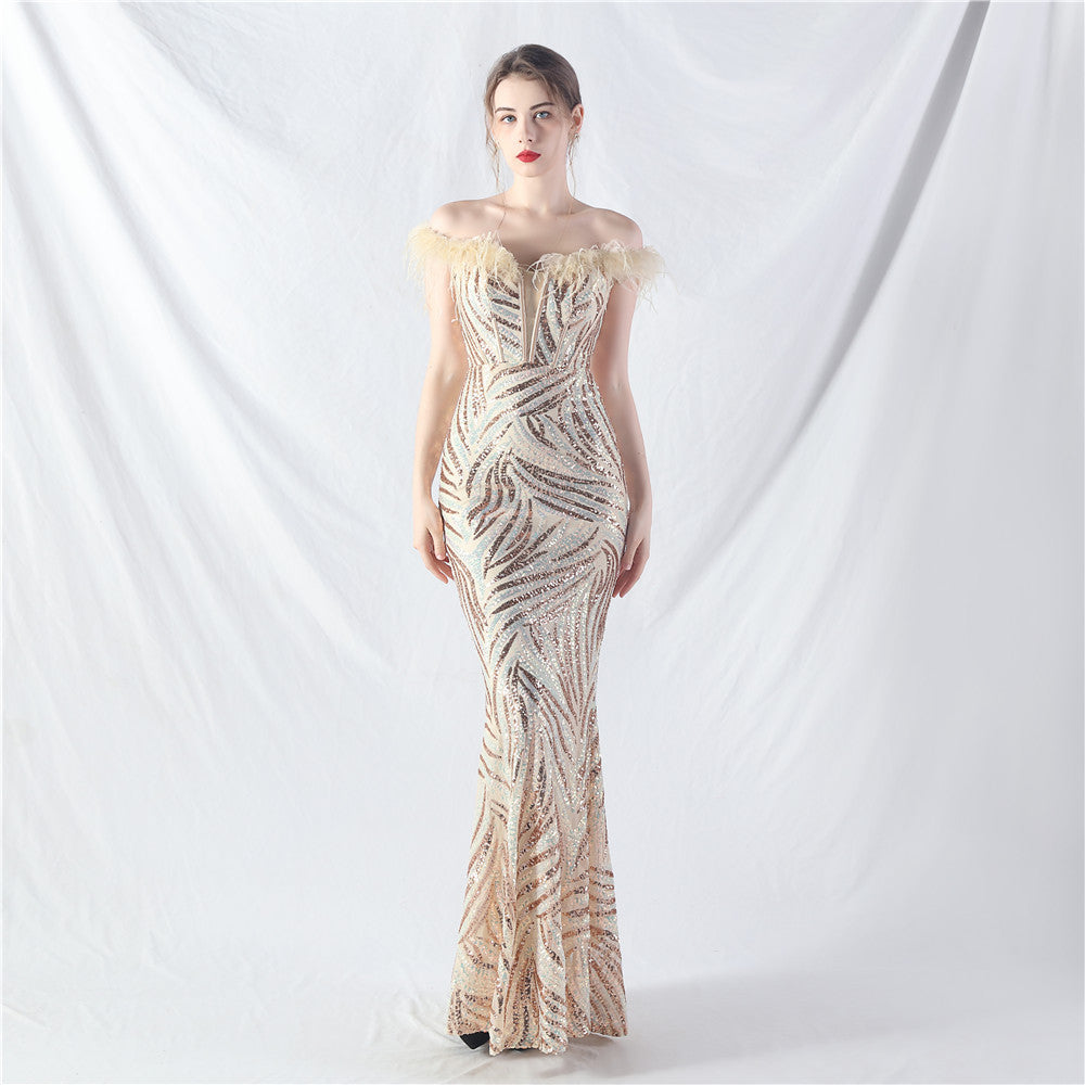 Fishbone Slim Waist Off Shoulder Feather Sequined Evening Dress 12
