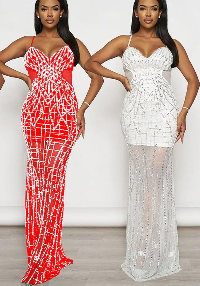 Fashion Women's Solid Color Mesh Beaded Straps Long Dress