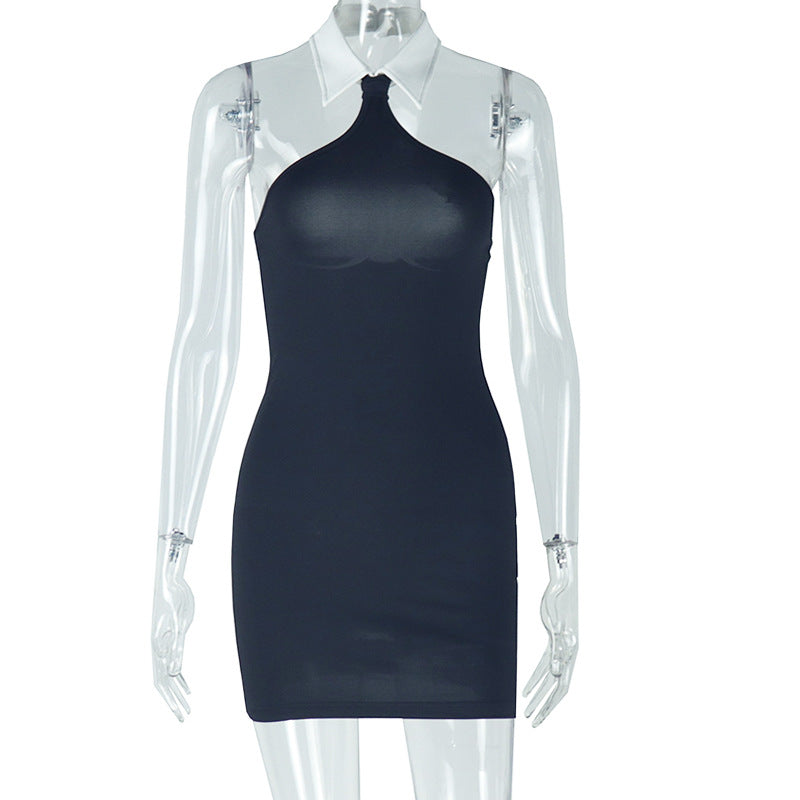 Fashionable Women's Clothing Halter Neck Turndown Collar Low Back Sleeveless Bodycon Dress 7