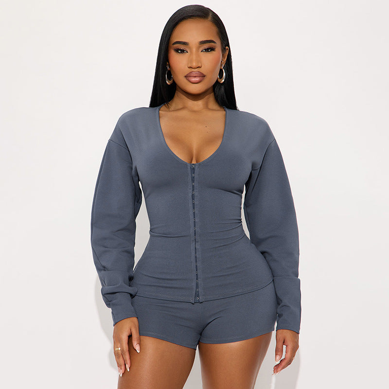 Women's Autumn Winter Round Neck Buttons Slim Waist Long Sleeve Top Shorts Set 3