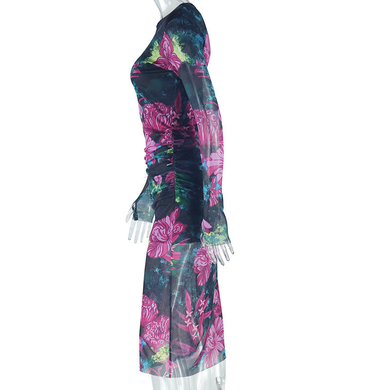 Women Elegant Printed Bodycon Round Neck Long Sleeve Dress 7