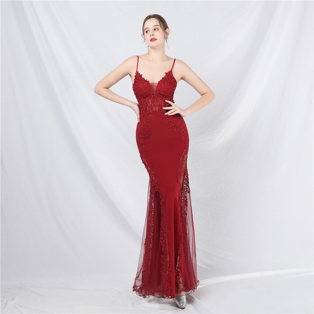 Women Lace Beaded Fishbone Vest Off-Shoulder Tail Evening Gown 9