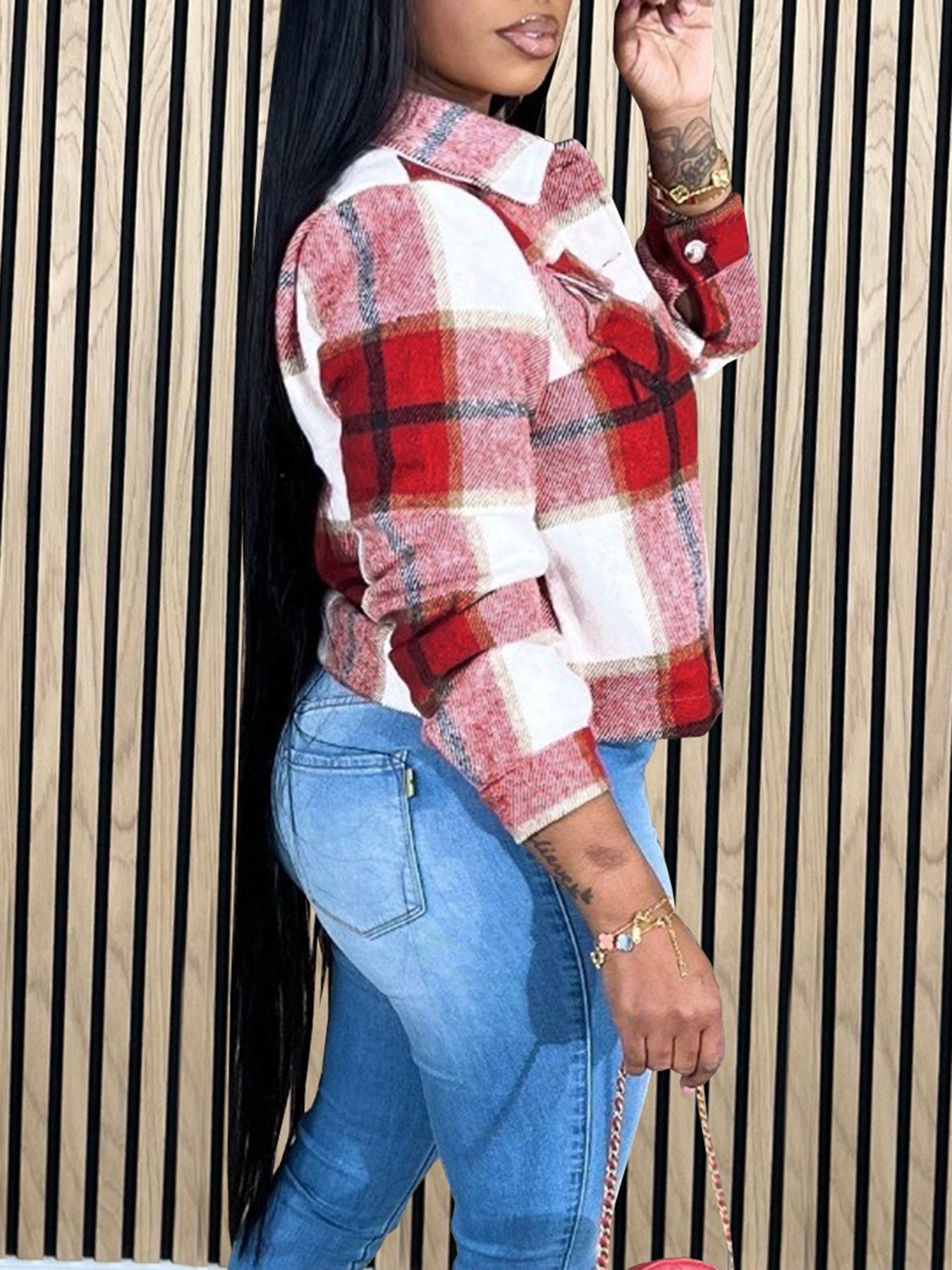 Women's Fashion Casual Plaid Shirt Coat 9