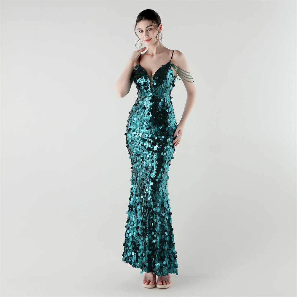 Tassel Sequined Deep V-Neck Low Back Fishtail Evening Dress for Summer Dinners