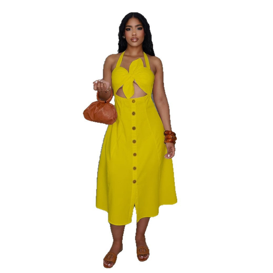 Women Elegant Career Solid Knot Halter Neck Lace-Up Dress 13