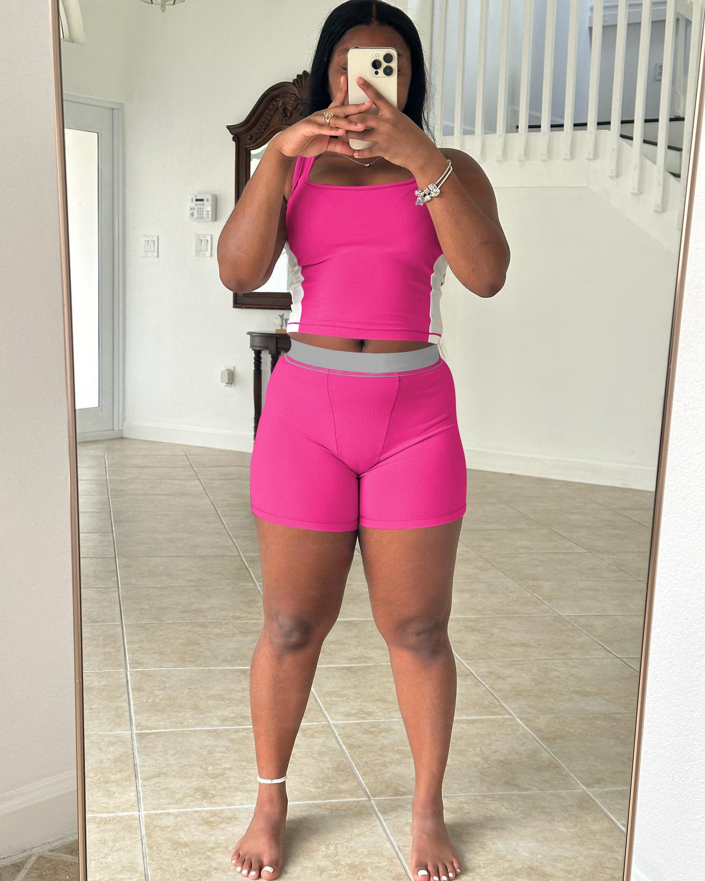 Women Casual Ribbed Patchwork Top and Shorts Two-piece Set 4